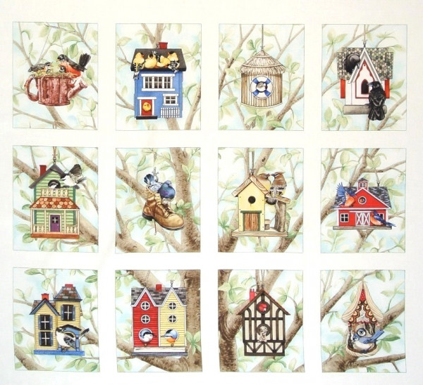 Patchworkstoff Vogelhäuser Vögel Frühling Birdhouses Panel Webware