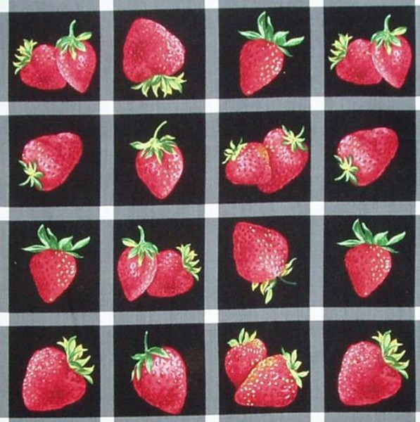 Patchworkstoff Erdbeeren Bilder auf Schwarz Webware