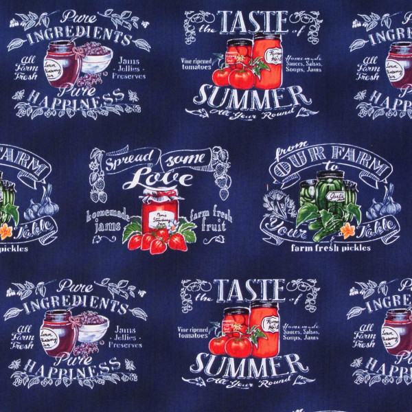 Patchworkstoff obst gemüse eingemachtes down on the farm rk blau 30