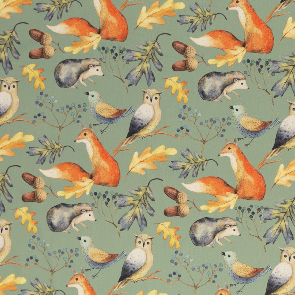 Baumwolle Webware "Happy Harvest" Waldtiere Fuchs Igel mint