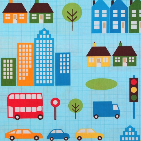 SALE Patchworkstoff Fahrzeuge Häuser City Centre blau