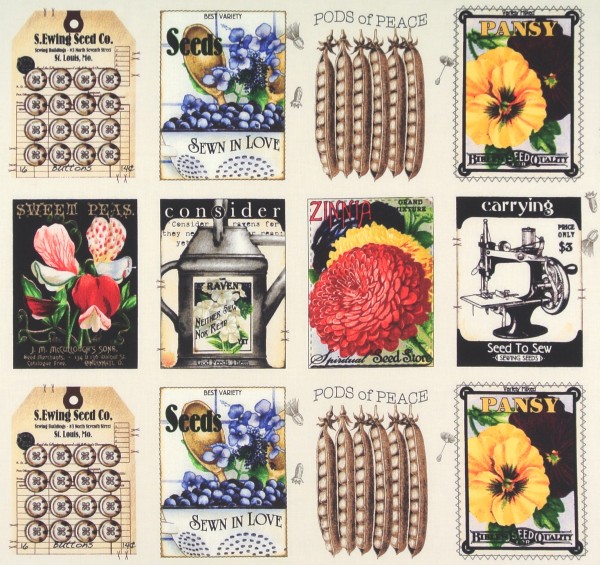 SALE Patchworkstoff Garten Nähmotive Sewing Seeds Bilder Webware
