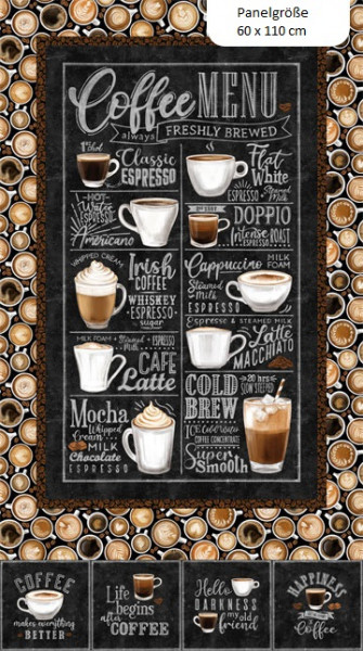 Patchworkstoff Kaffee Kaffeespezialitäten Sprüche Cafe Culture Panel