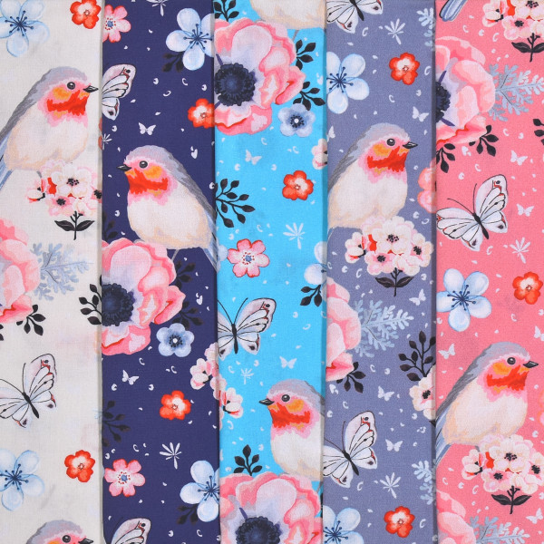 Baumwollstoff Stoffpaket Rotkehlchen Schmetterlinge Blumen 5 Stoffe
