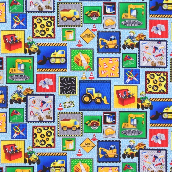 SALE 1,0 m Patchworkstoff Bauarbeiter Werkzeug Baufahrzeuge Building