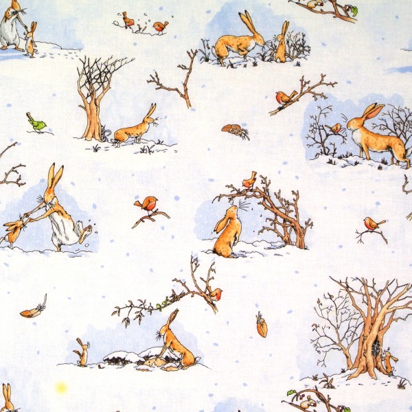 Patchworkstoff Hasenliebe Hasen Winter auf Weiß mit Blau