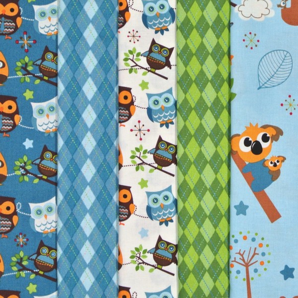 SALE Patchworkstoff Stoffpaket Eulen Tiere 5 Stoffe