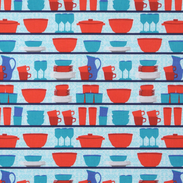SALE 0,9 m Patchworkstoff Retro Table Talk Geschirr blau