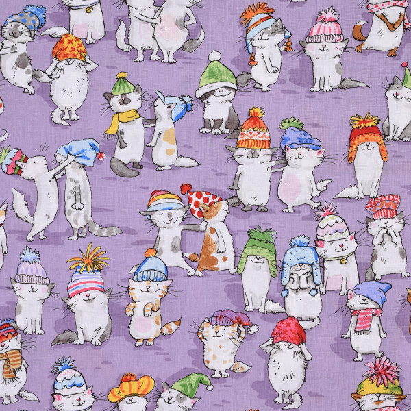 patchworkstoff katzen mützen having a ball clothworks lila 30