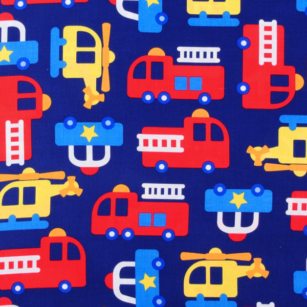 SALE Patchworkstoff Rettungsfahrzeuge Fahrzeuge dunkelblau