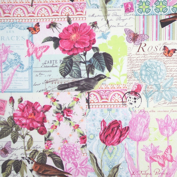 Patchworkstoff Blumen Garten Vögel Belle Rose
