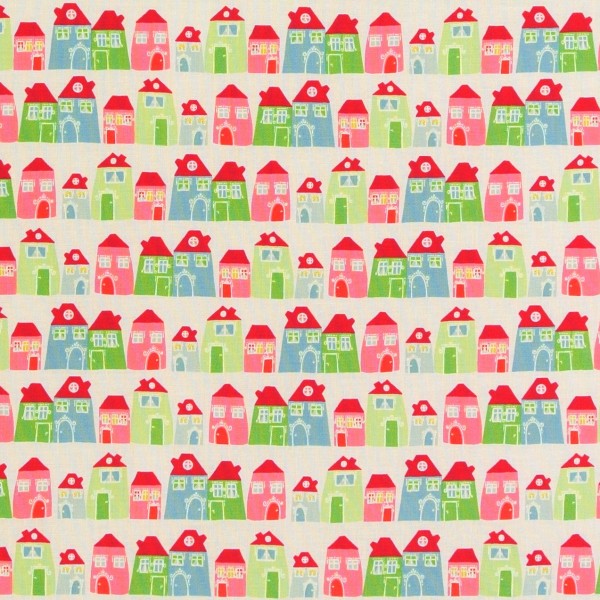 SALE Patchworkstoff Roundabout Häuser Reihen rot