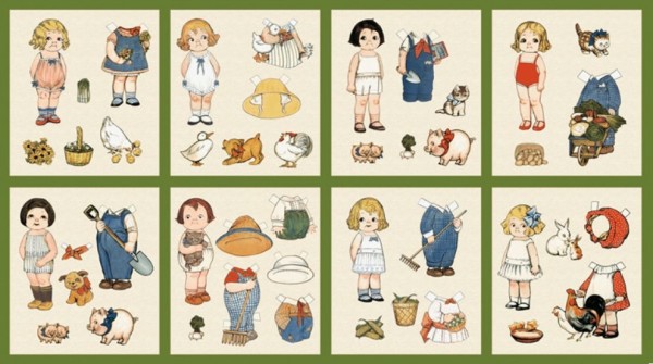 Patchworkstoff Anziehpuppen Paper Dolls Bauernhof Panel