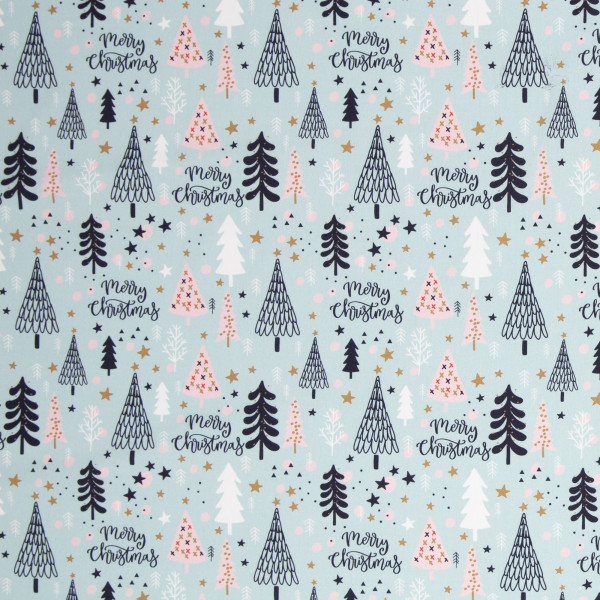 Baumwolle Webware "Merry Christmas" Bäume Schrift mintgrün