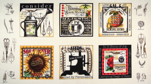 SALE Patchworkstoff Garten Nähmotive Sewing Seeds Panel Webware