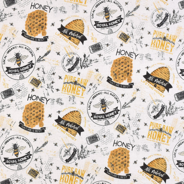 Patchworkstoff Bienen Waben Schrift"Bee`s Life" natur Webware