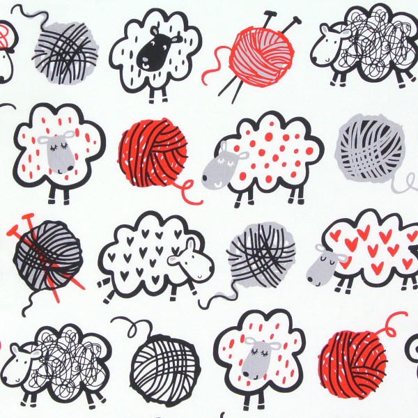 Patchworkstoff Schafe weiß Stricken"I love to Knit"