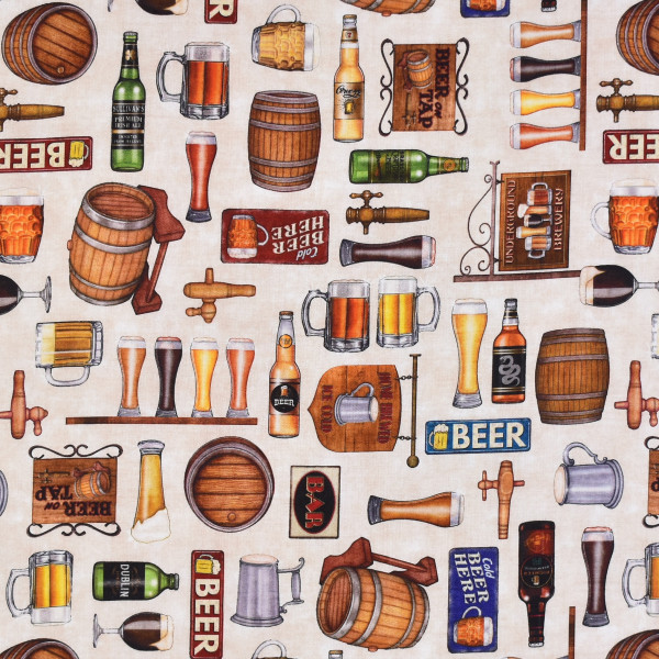 Patchworkstoff Bier Motive "On tap Beer" Baumwollstoff beige