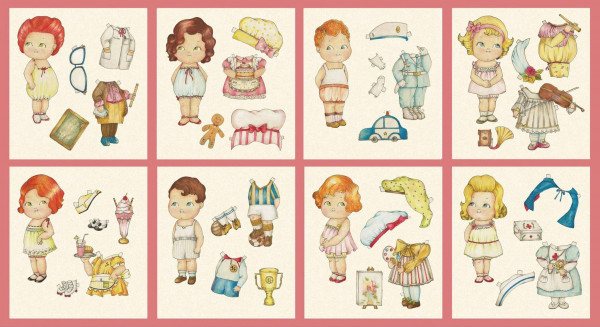 Patchworkstoff Anziehpuppen Paper Dolls Berufe Panel