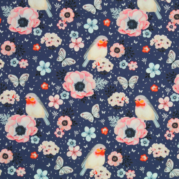 Baumwollstoff Rotkehlchen Schmetterlinge Blumen marine